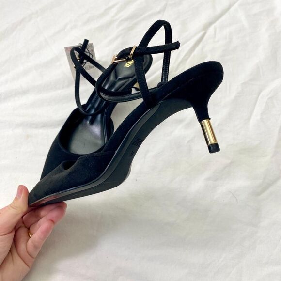 NWT Zara Vampy Black Faux Suede Slingback Gold Kitten High Heels US 8 - Picture 8 of 8